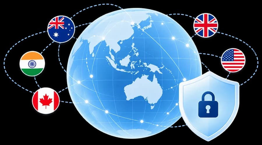 Globe with Australian, UK, US, Indian and Canadian flags and a privacy shield