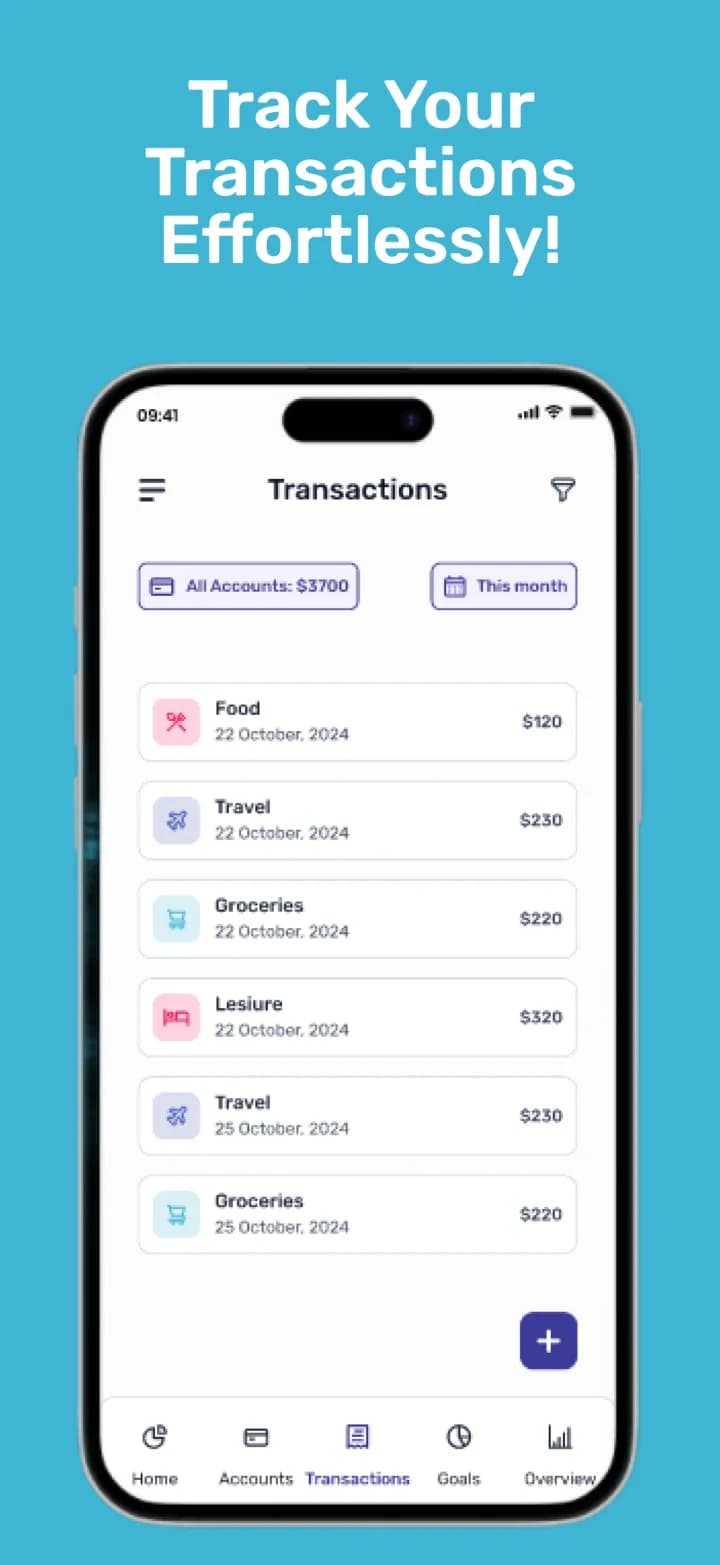 Bucks transaction list with food, travel, groceries and leisure expenses