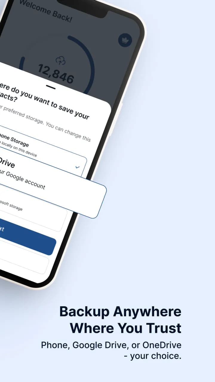 Choosing where to save a contacts backup: phone storage, Google Drive or OneDrive