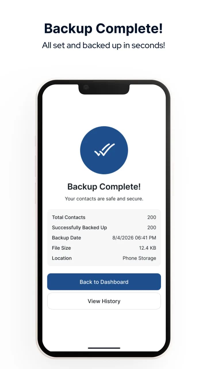Contacts Backup confirming a completed backup with its date, size and location