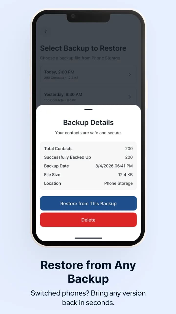 Choosing any earlier backup to restore in Contacts Backup