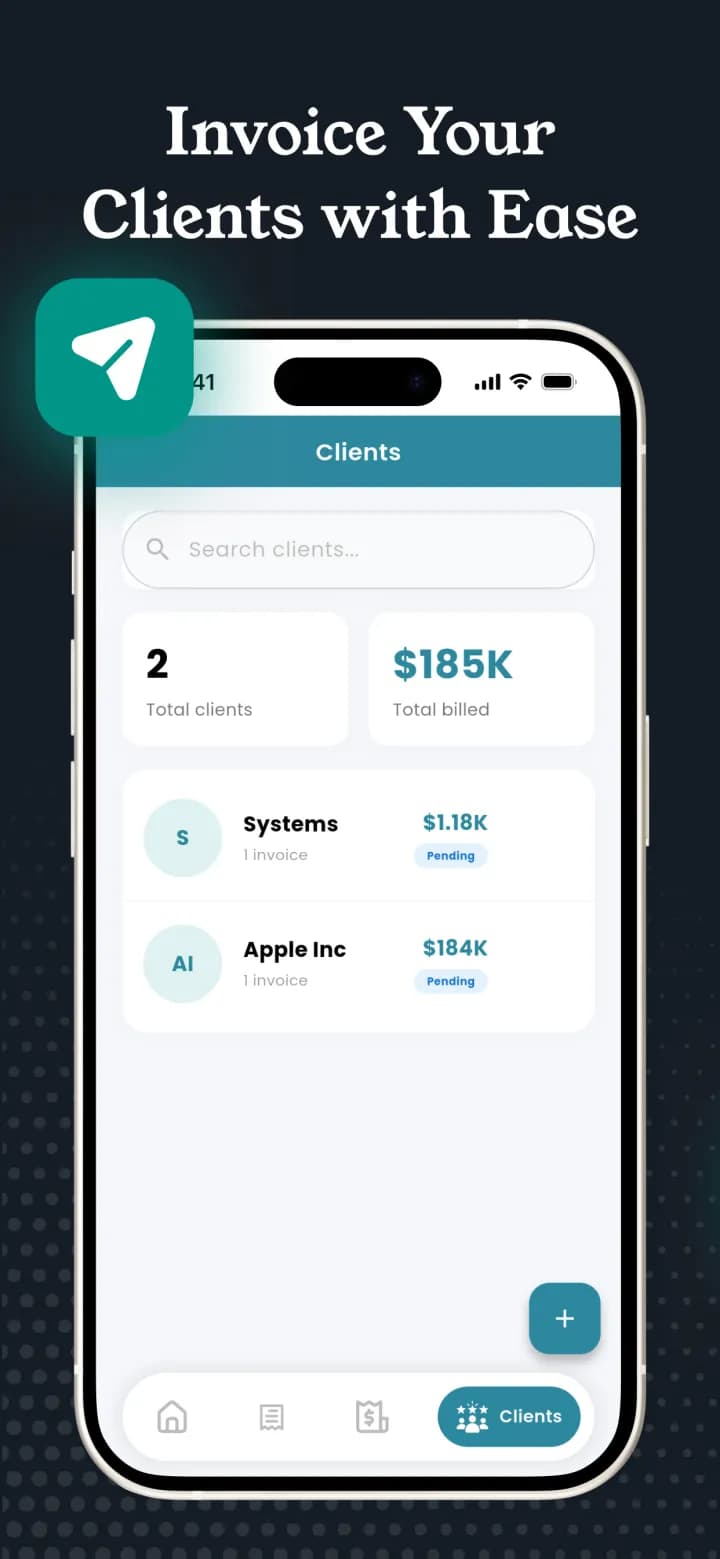 Invoicer client list with total clients and total billed