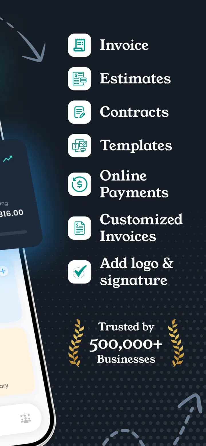 Invoicer features: invoices, estimates, contracts, templates, online payments, custom invoices, logo and signature
