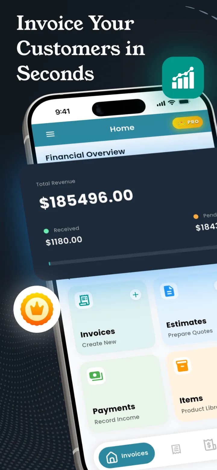 Invoicer home screen with a financial overview of total revenue on iPhone