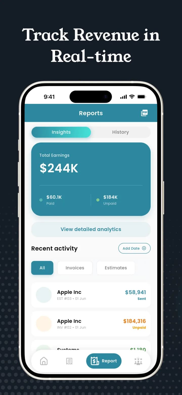 Invoicer report tracking revenue in real time with paid and unpaid totals