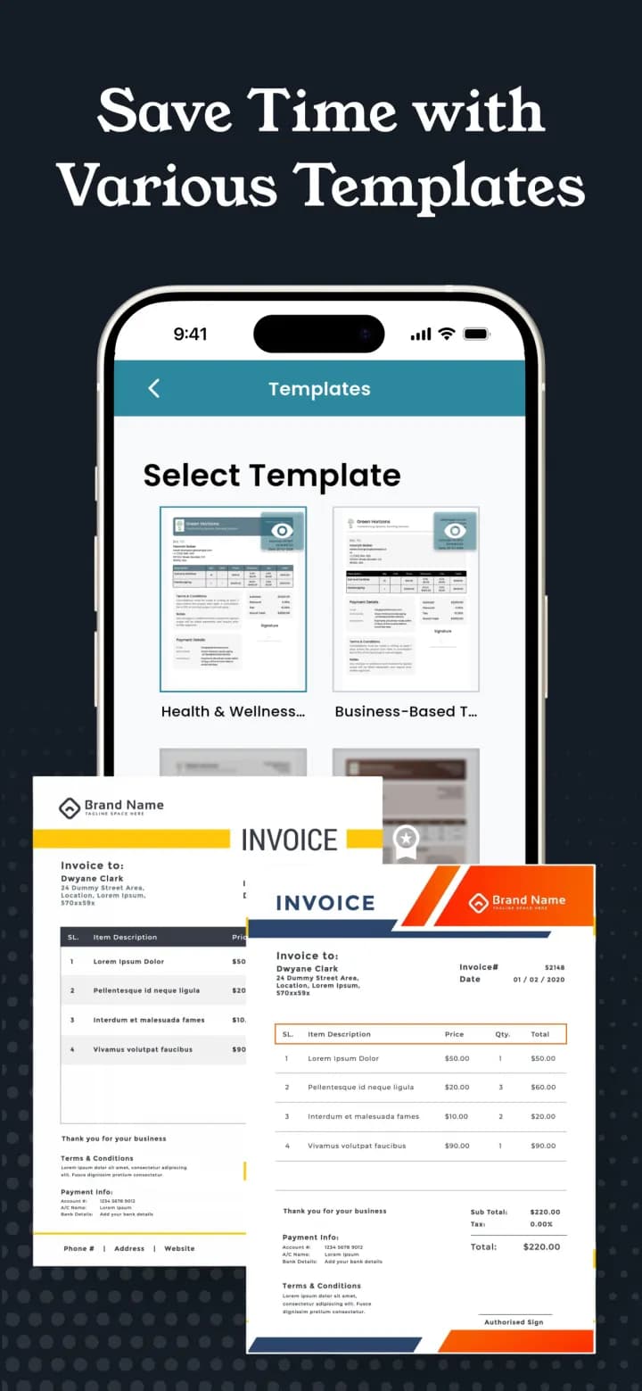 Choosing from various professional invoice templates in Invoicer