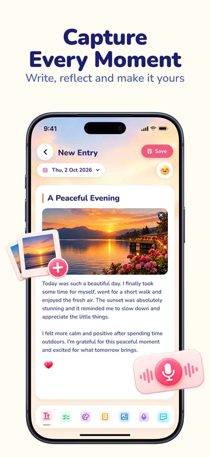 Writing a new My Diary journal entry with a photo, rich text and a voice recording on iPhone