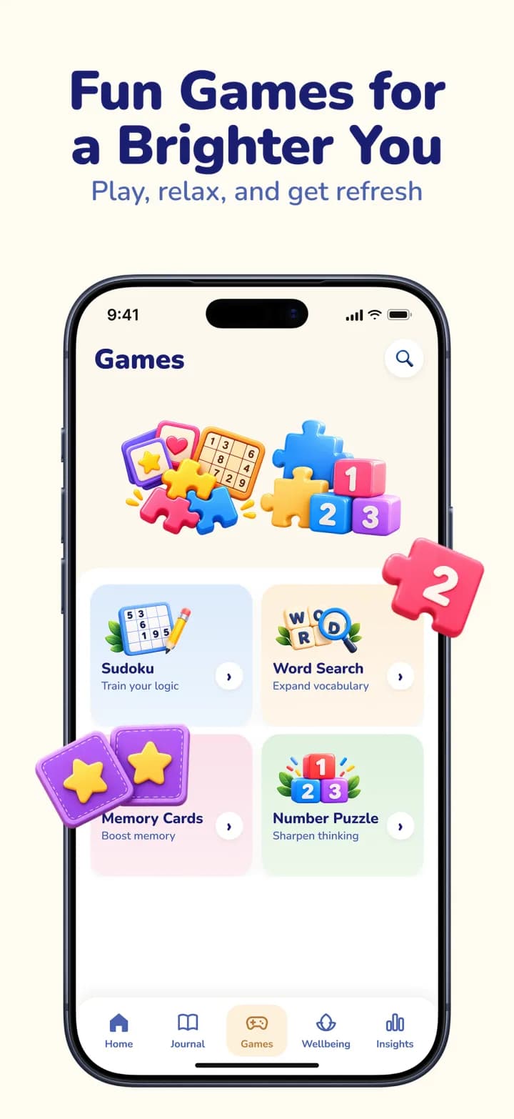 My Diary games screen with Sudoku, Word Search, Memory Cards and Number Puzzle