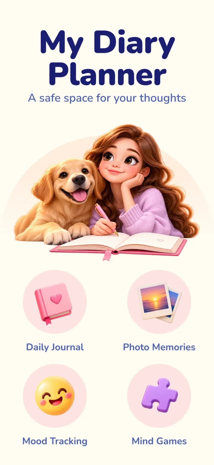 My Diary app overview: daily journal, photo memories, mood tracking and mind games