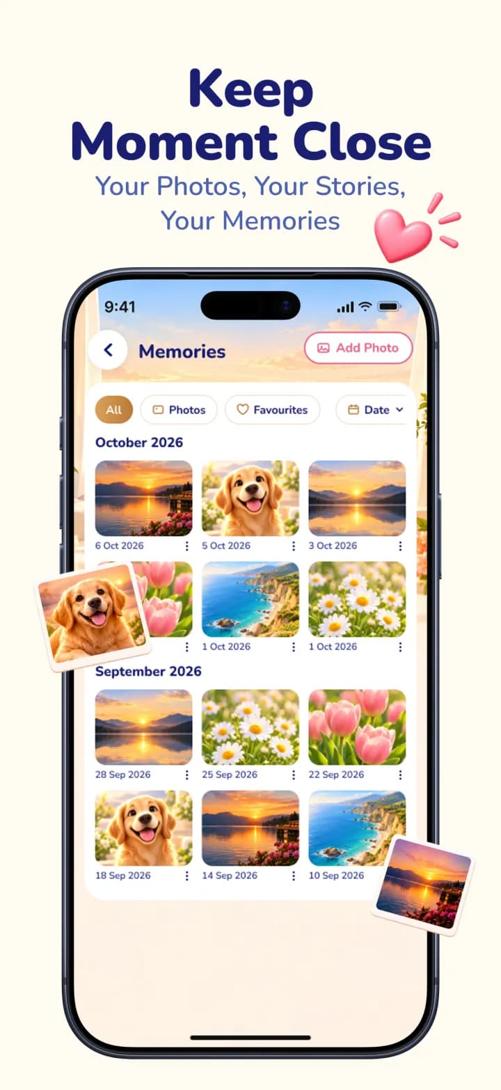 My Diary Memories gallery showing photos saved in past diary entries
