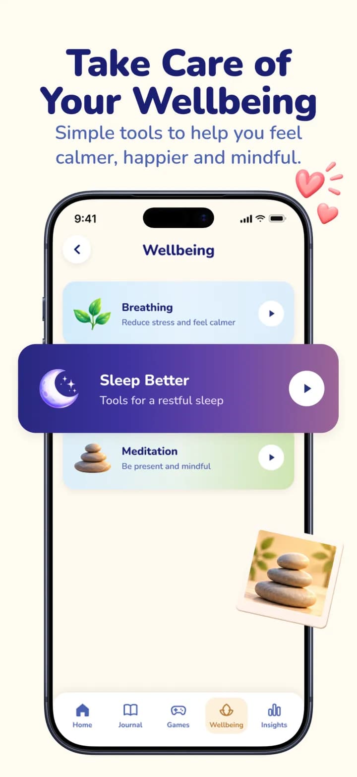 My Diary wellbeing tools for guided breathing, sleep sounds and meditation