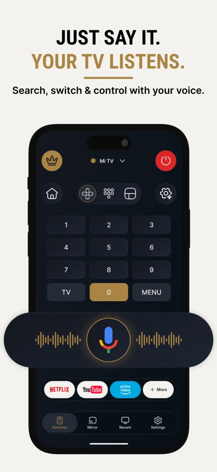 Universal TV Remote number pad with voice search