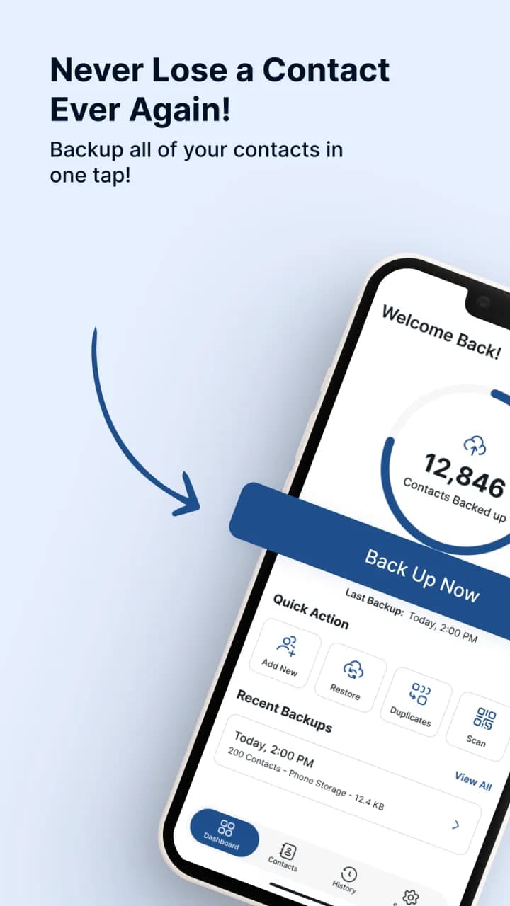 Contacts Backup dashboard: back up all of your contacts in one tap