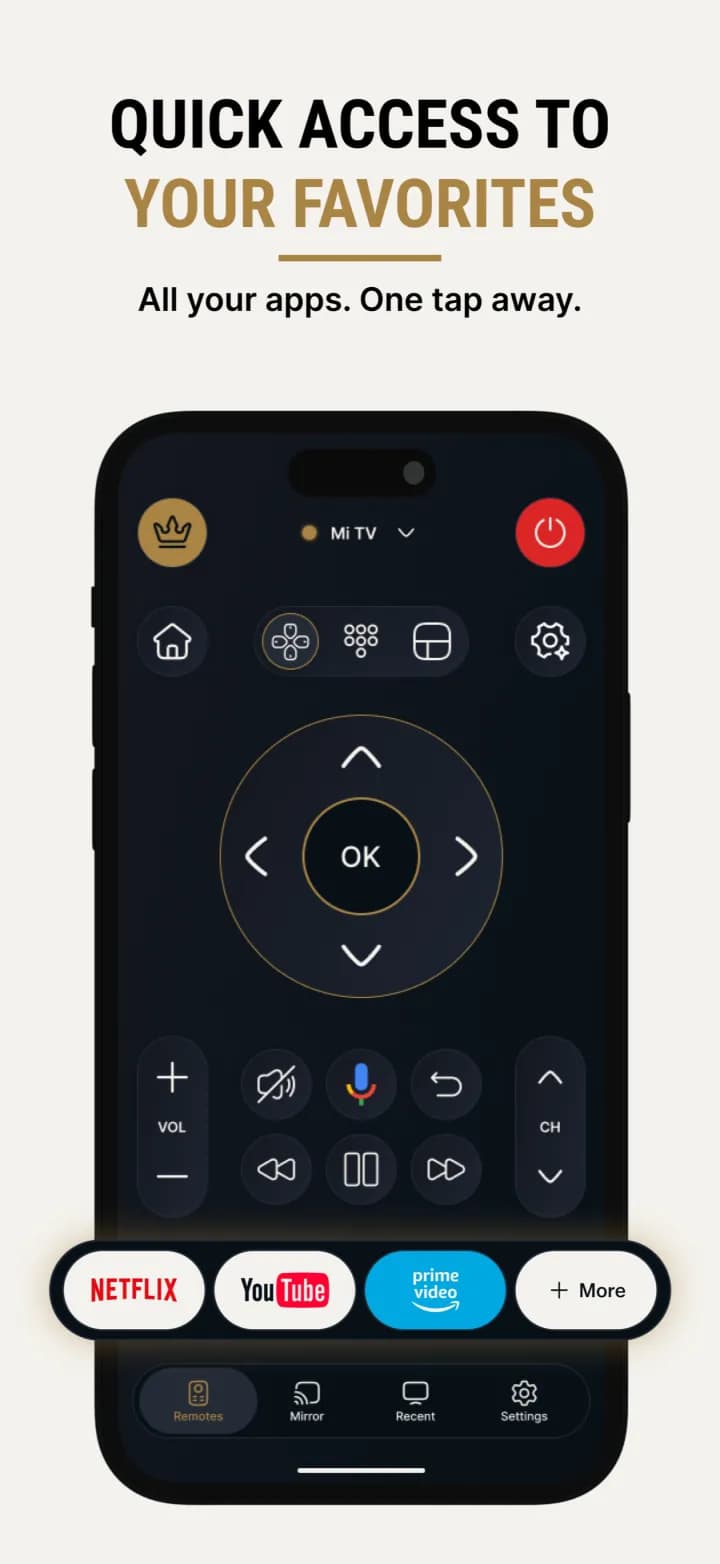 Universal TV Remote with directional pad and streaming app shortcuts on iPhone